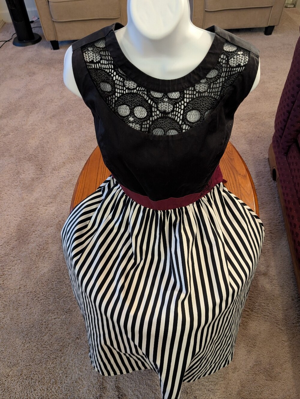 Disney Black & White Stripe Dress, Maroon Sash, Pirates Of The Caribbean, Size L